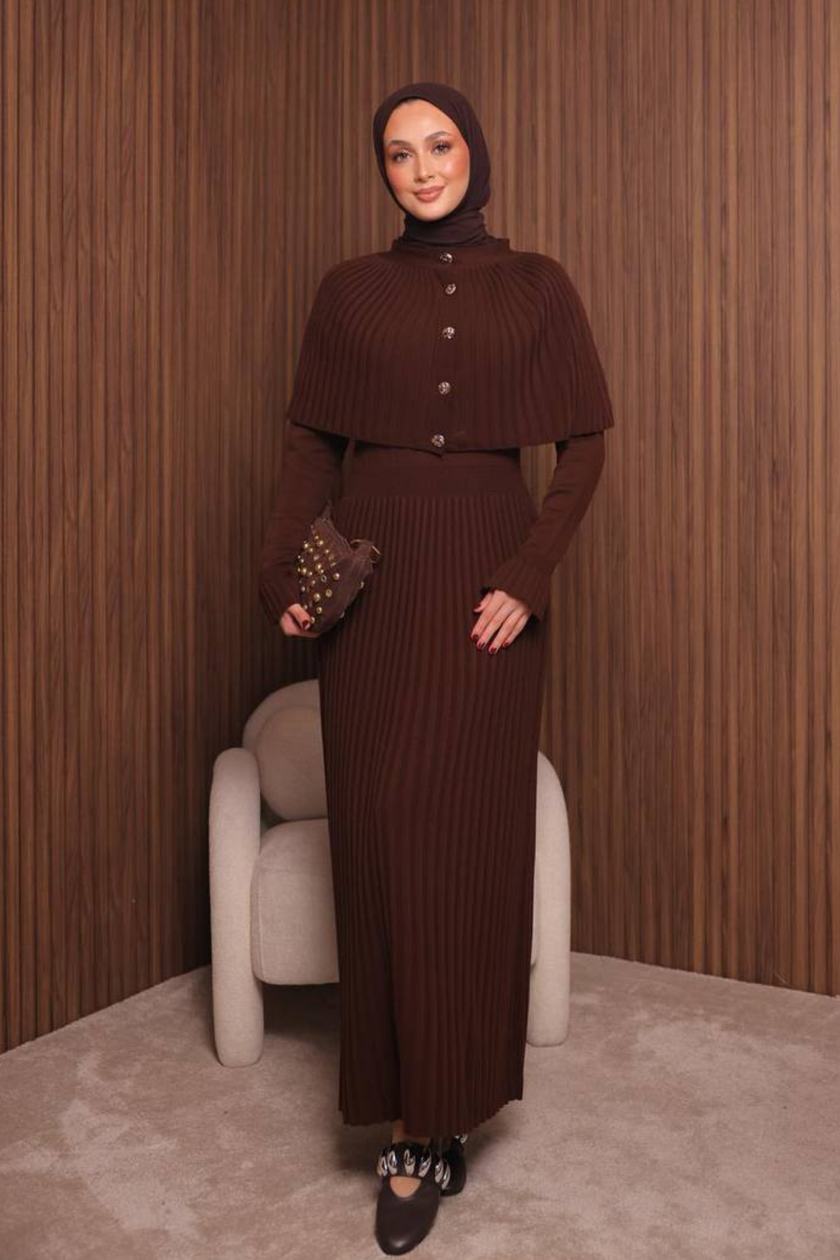 Balenbi Kadın Sık Örgü Pelerinli Triko Tesettür Elbise Std Beden 1150 Standart - Kahverengi