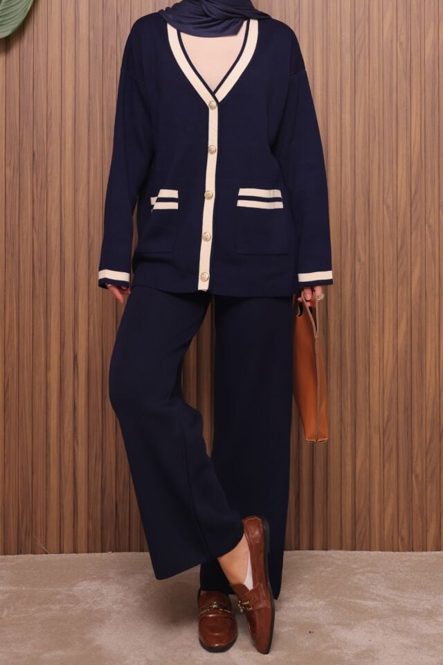 Balenbi Kadın Oversize Sık Örgü V Yaka Hırkalı Tesettür Triko Takım 1148