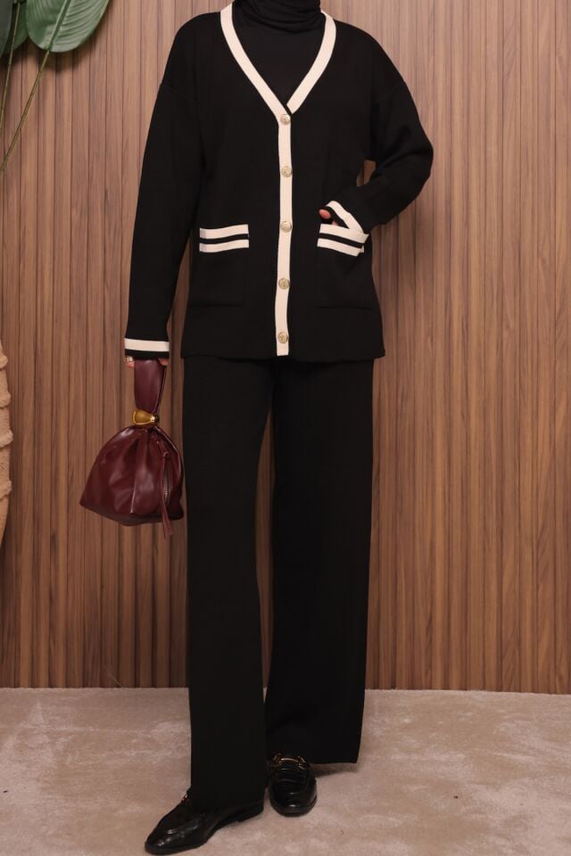 Balenbi Kadın Oversize Sık Örgü V Yaka Hırkalı Tesettür Triko Takım 1148