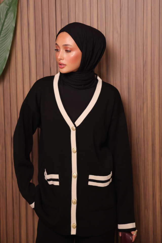 Balenbi Kadın Oversize Sık Örgü V Yaka Hırkalı Tesettür Triko Takım 1148 Siyah - Standart