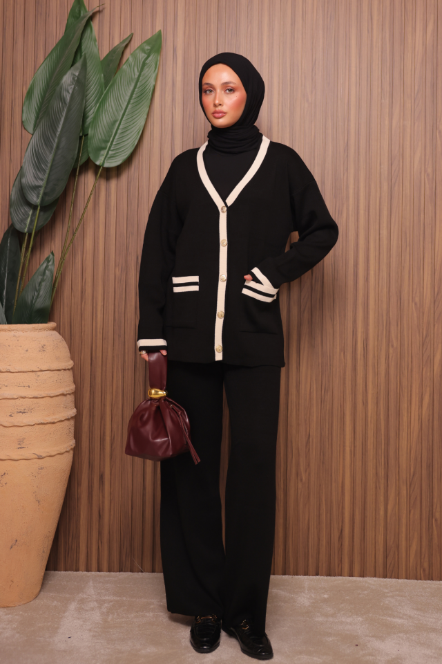 Balenbi Kadın Oversize Sık Örgü V Yaka Hırkalı Tesettür Triko Takım 1148 Standart - Siyah