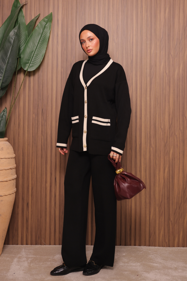 Balenbi Kadın Oversize Sık Örgü V Yaka Hırkalı Tesettür Triko Takım 1148 Standart - Siyah