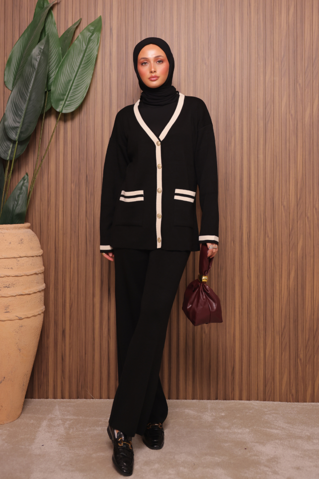 Balenbi Kadın Oversize Sık Örgü V Yaka Hırkalı Tesettür Triko Takım 1148 Standart - Siyah