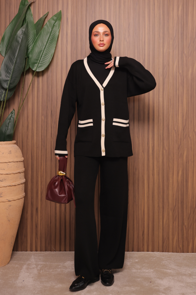 Balenbi Kadın Oversize Sık Örgü V Yaka Hırkalı Tesettür Triko Takım 1148 Standart - Siyah