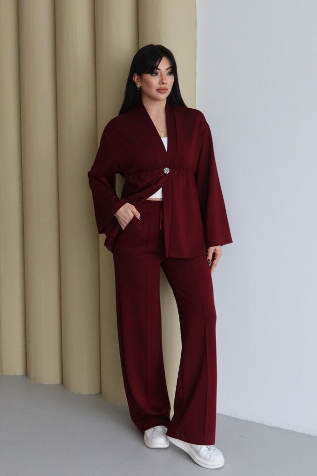 Balenbi Şal Yaka Büzgü Detaylı Rahat Kalıp Modal Kimono Tesettür Takım 1179 XL - Bordo
