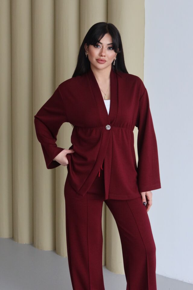 Balenbi Şal Yaka Büzgü Detaylı Rahat Kalıp Modal Kimono Tesettür Takım 1179 XL - Bordo