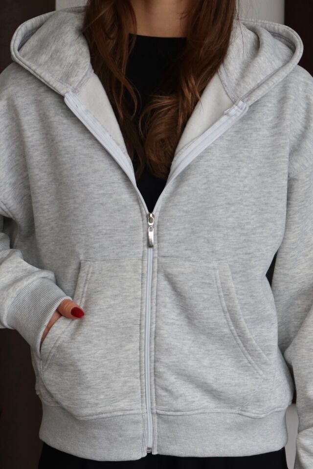 Balenbi Kadın 3 İplik İçi Polarlı Kapüşonlu Oversize Sweat Hırka 1110 S - Grimelanj