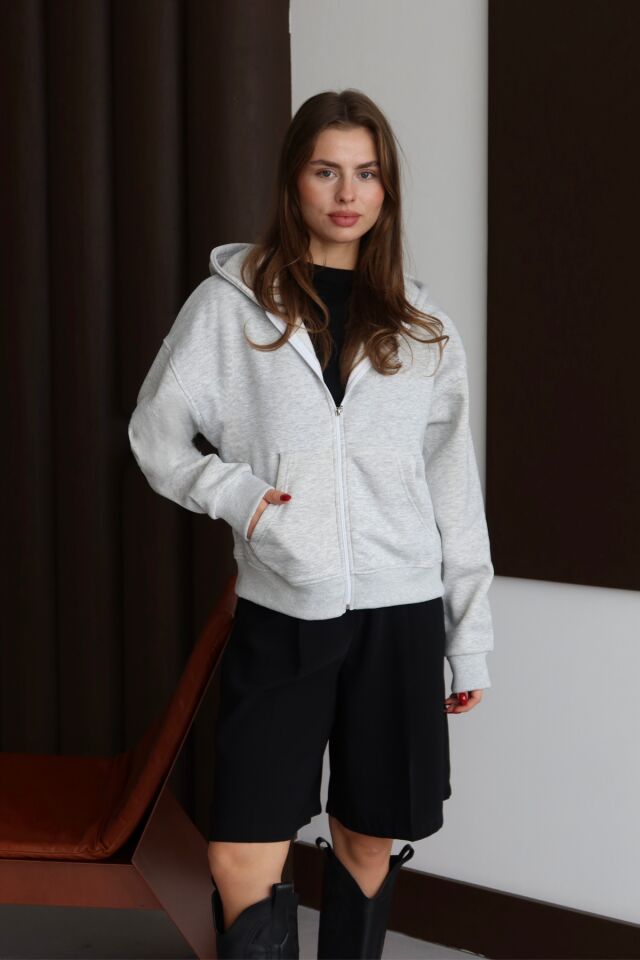 Balenbi Kadın 3 İplik İçi Polarlı Kapüşonlu Oversize Sweat Hırka 1110 S - Grimelanj