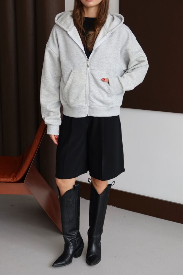 Balenbi Kadın 3 İplik İçi Polarlı Kapüşonlu Oversize Sweat Hırka 1110 S - Grimelanj