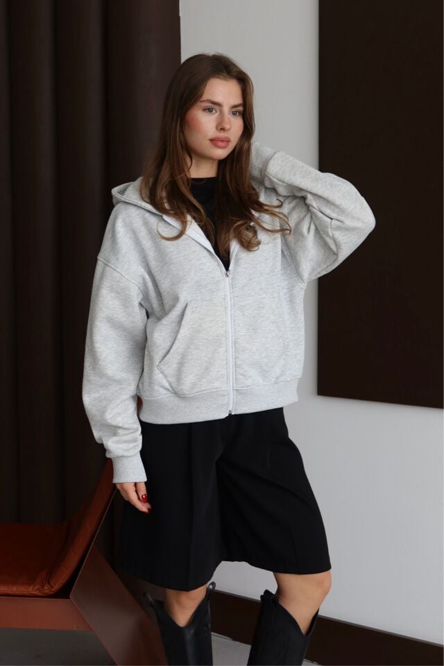 Balenbi Kadın 3 İplik İçi Polarlı Kapüşonlu Oversize Sweat Hırka 1110 S - Grimelanj