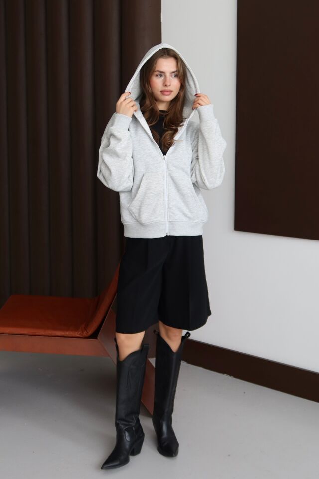 Balenbi Kadın 3 İplik İçi Polarlı Kapüşonlu Oversize Sweat Hırka 1110 S - Grimelanj