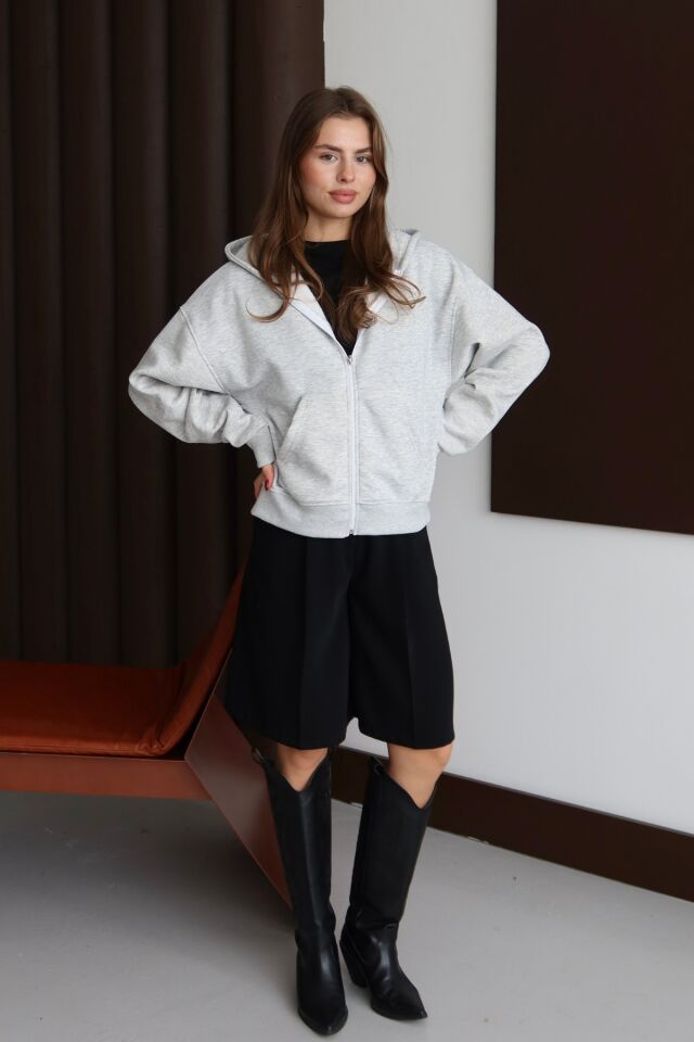 Balenbi Kadın 3 İplik İçi Polarlı Kapüşonlu Oversize Sweat Hırka 1110 S - Grimelanj