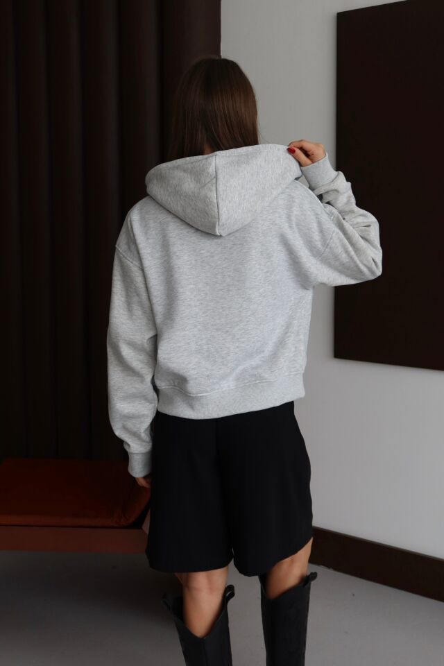 Balenbi Kadın 3 İplik İçi Polarlı Kapüşonlu Oversize Sweat Hırka 1110 S - Grimelanj