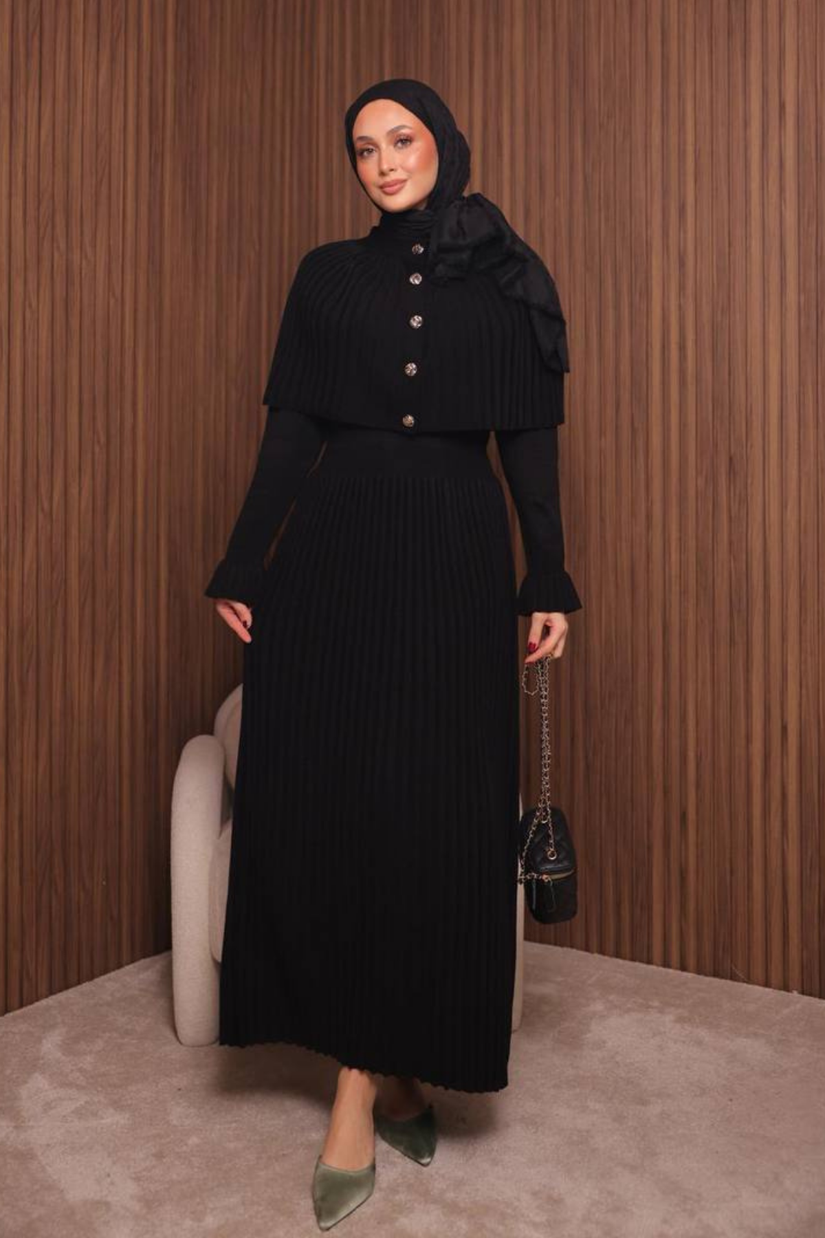 Balenbi Kadın Sık Örgü Pelerinli Triko Tesettür Elbise Std Beden 1150 Standart - Siyah