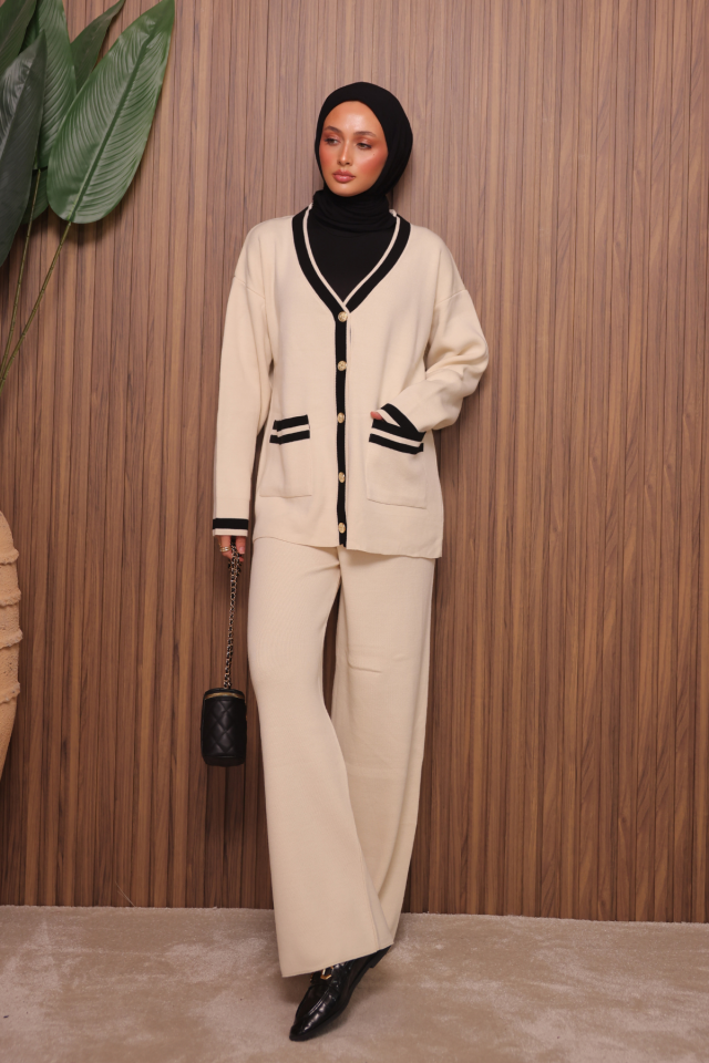 Balenbi Kadın Oversize Sık Örgü V Yaka Hırkalı Tesettür Triko Takım 1148 Standart - Krem