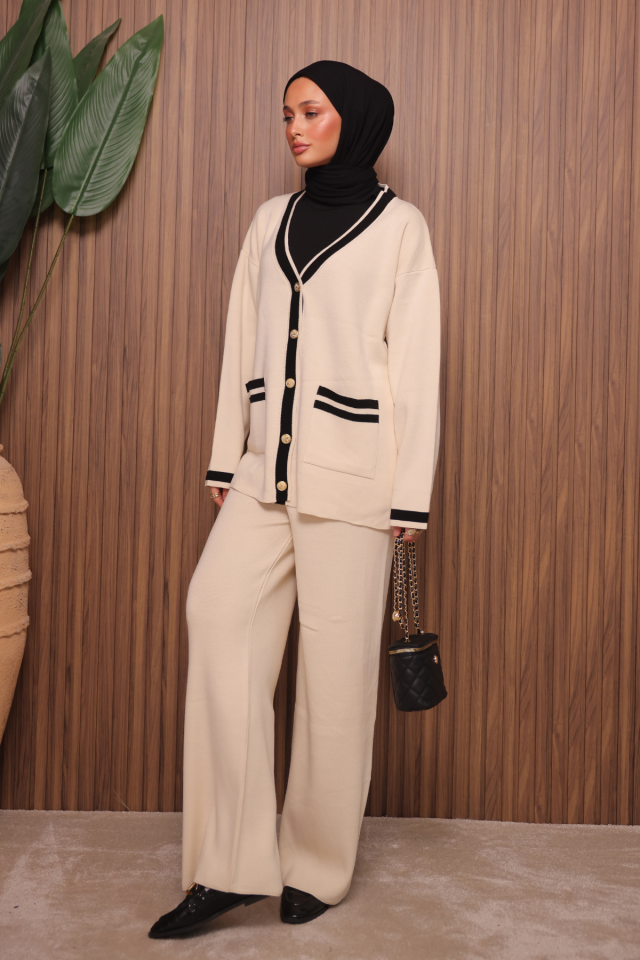 Balenbi Kadın Oversize Sık Örgü V Yaka Hırkalı Tesettür Triko Takım 1148 Standart - Krem