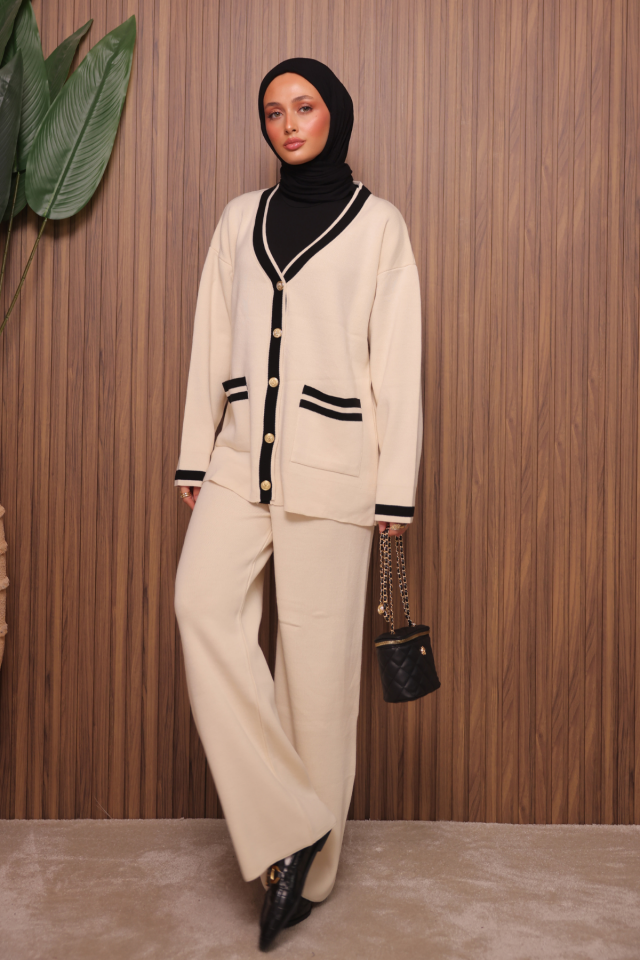 Balenbi Kadın Oversize Sık Örgü V Yaka Hırkalı Tesettür Triko Takım 1148 Krem - Standart