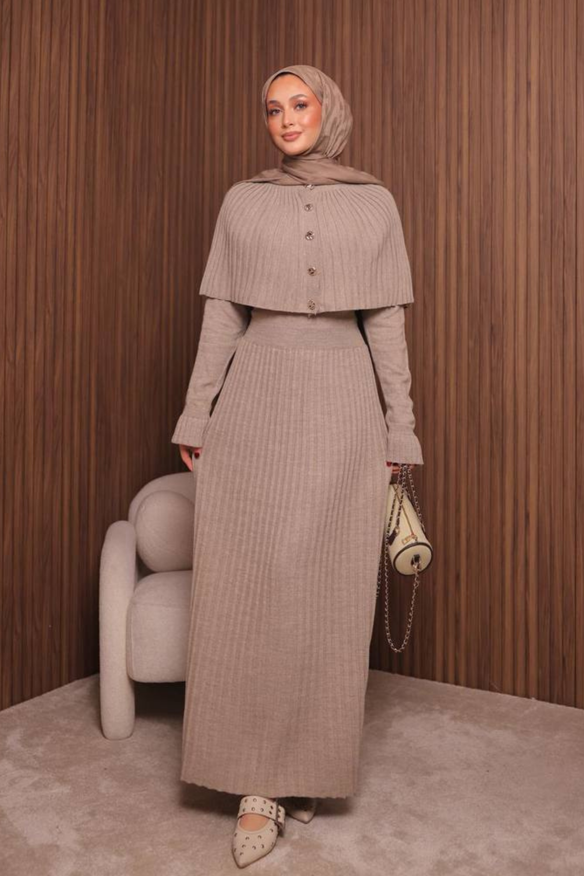 Balenbi Kadın Sık Örgü Pelerinli Triko Tesettür Elbise Std Beden 1150 Standart - Vizon