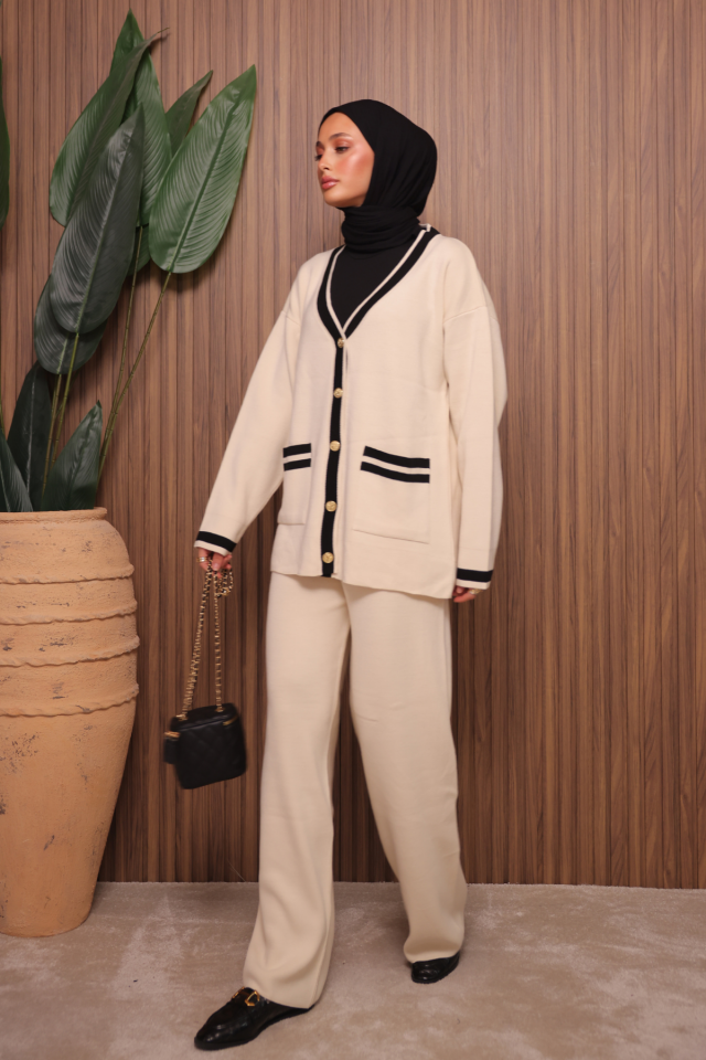 Balenbi Kadın Oversize Sık Örgü V Yaka Hırkalı Tesettür Triko Takım 1148 Standart - Krem