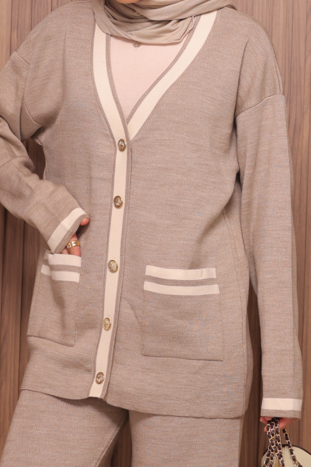 Balenbi Kadın Oversize Sık Örgü V Yaka Hırkalı Tesettür Triko Takım 1148 Standart - Bej