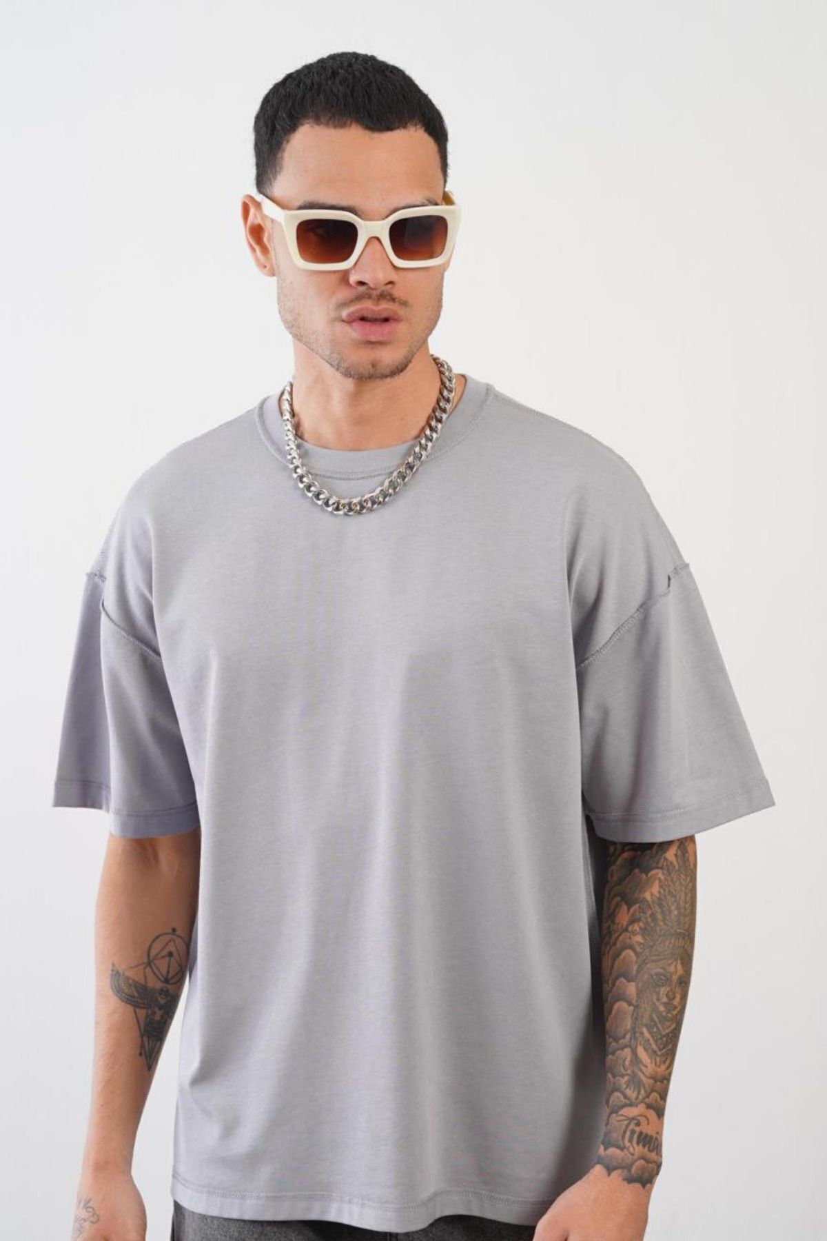 Balenbi Unisex Bisiklet Yaka Oversize Kalıp Penye Tişört 1004 S - Gri 4