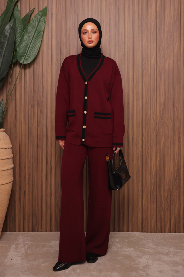 Balenbi Kadın Oversize Sık Örgü V Yaka Hırkalı Tesettür Triko Takım 1148 Bordo - Standart