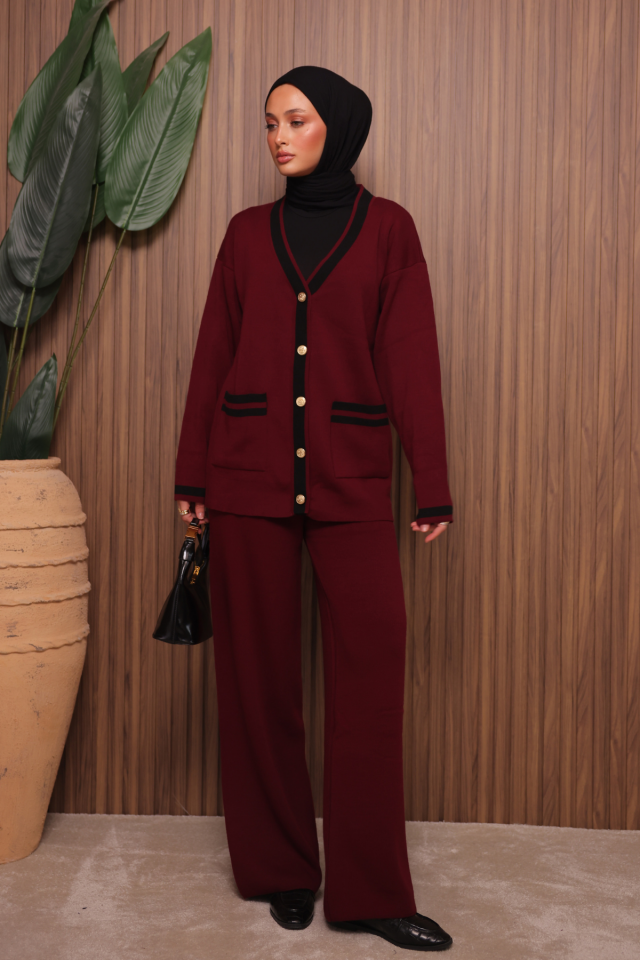 Balenbi Kadın Oversize Sık Örgü V Yaka Hırkalı Tesettür Triko Takım 1148 Standart - Bordo