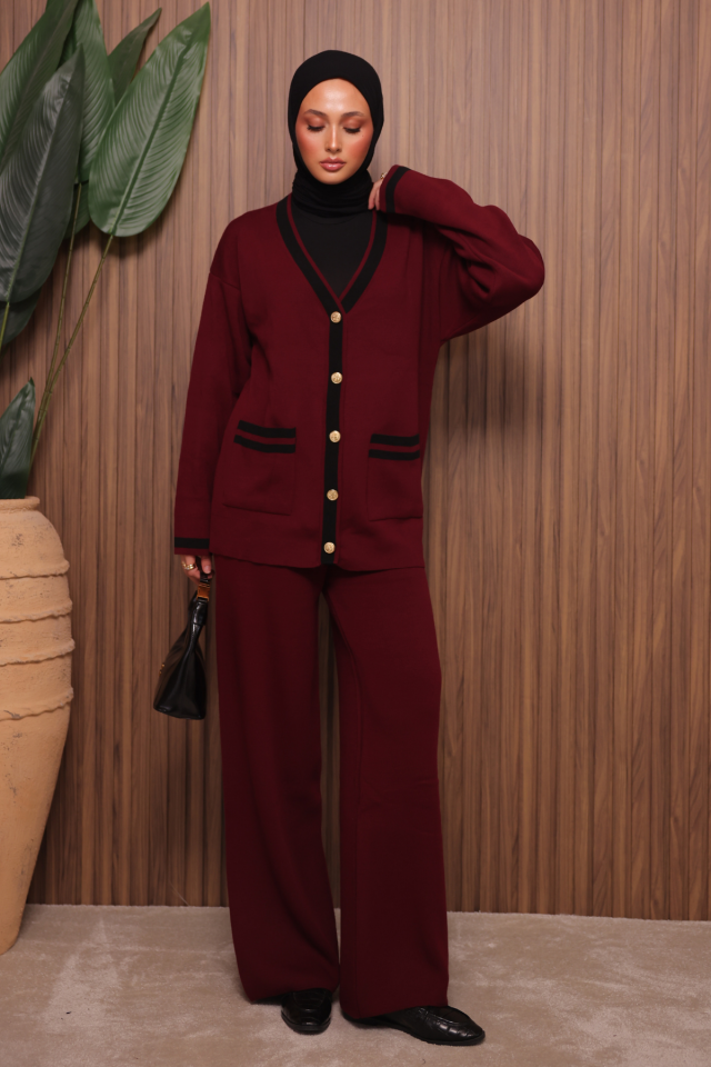 Balenbi Kadın Oversize Sık Örgü V Yaka Hırkalı Tesettür Triko Takım 1148 Standart - Bordo