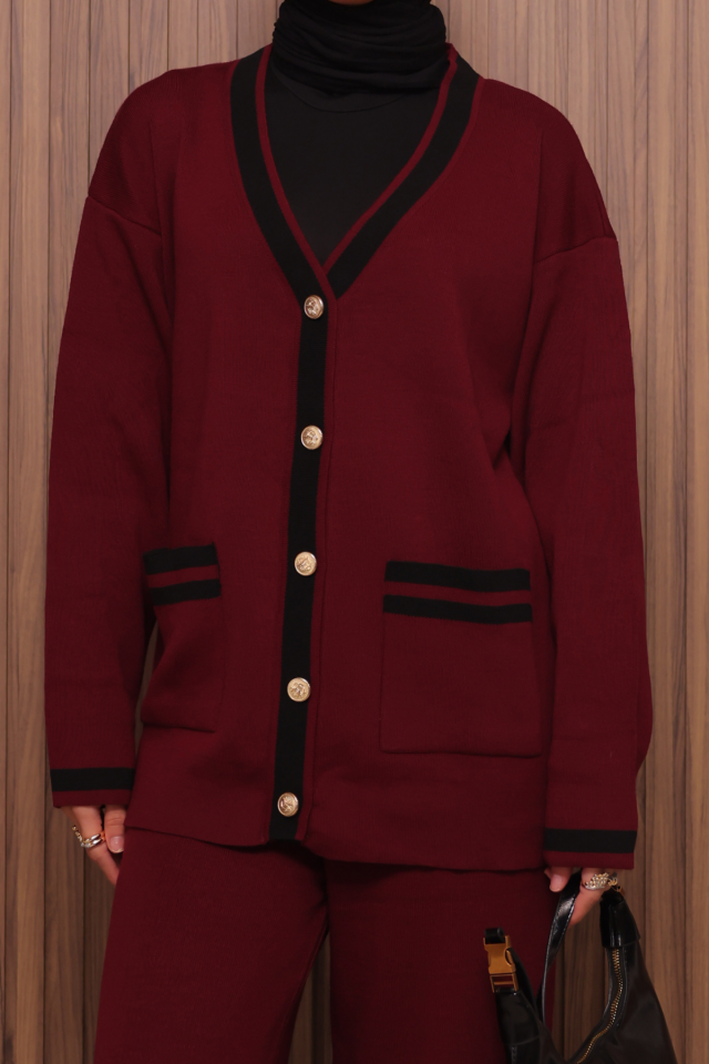 Balenbi Kadın Oversize Sık Örgü V Yaka Hırkalı Tesettür Triko Takım 1148 Standart - Bordo