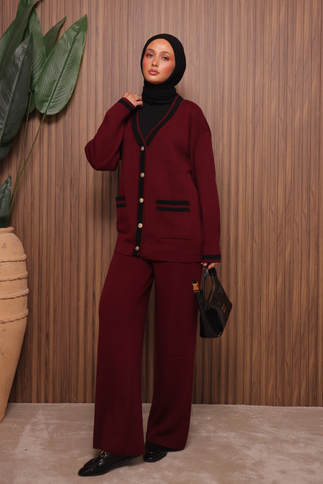 Balenbi Kadın Oversize Sık Örgü V Yaka Hırkalı Tesettür Triko Takım 1148 Standart - Bordo