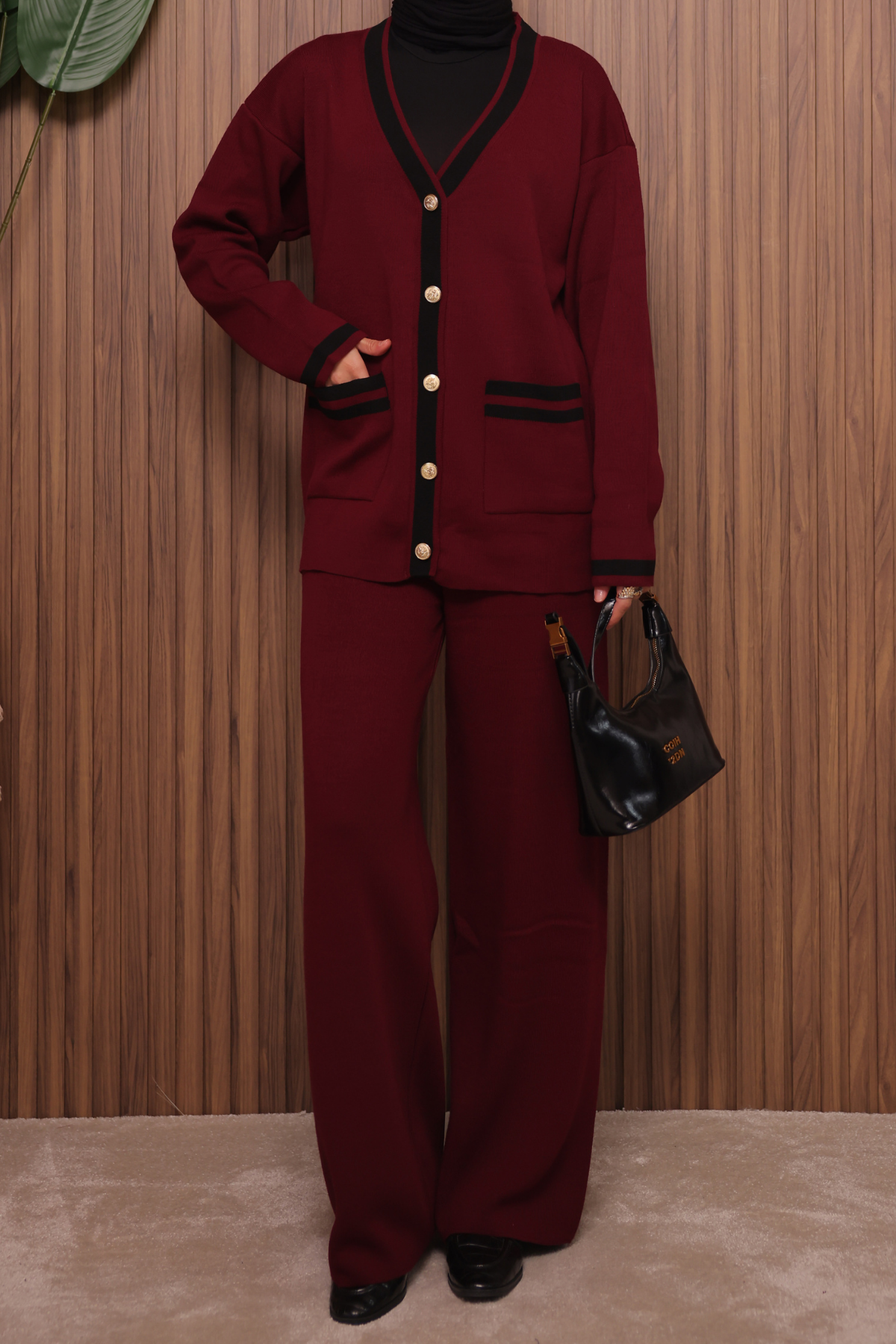 Balenbi Kadın Oversize Sık Örgü V Yaka Hırkalı Tesettür Triko Takım 1148 Standart - Bordo