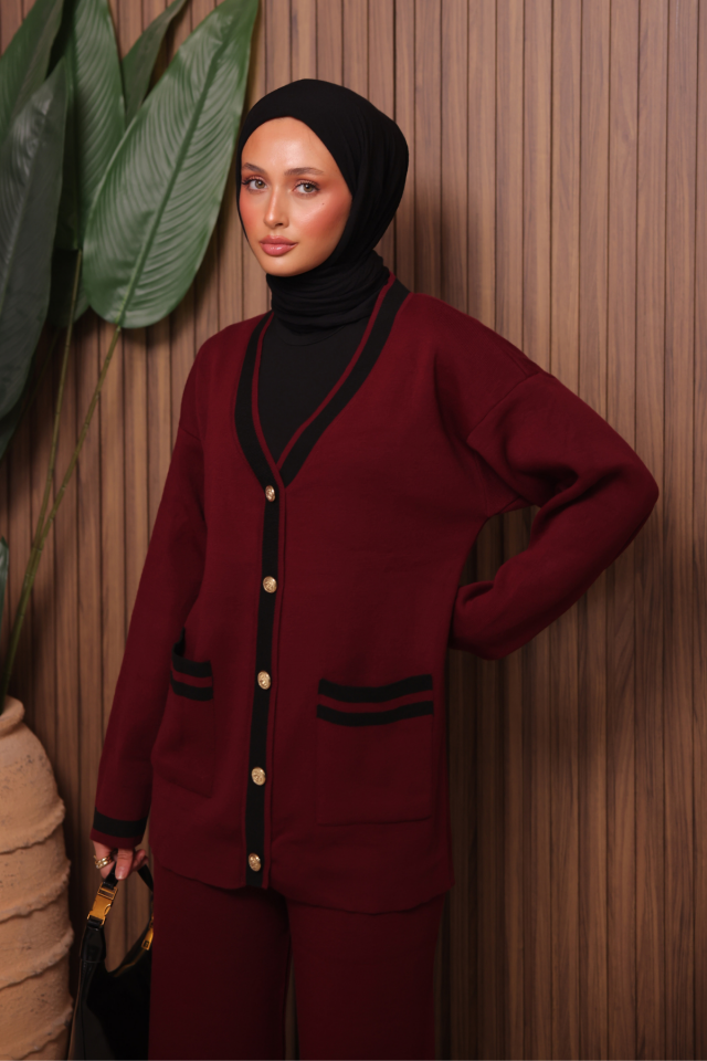 Balenbi Kadın Oversize Sık Örgü V Yaka Hırkalı Tesettür Triko Takım 1148 Standart - Bordo