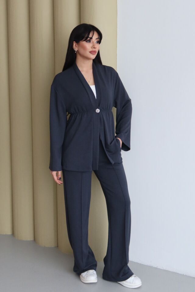 Balenbi Şal Yaka Büzgü Detaylı Rahat Kalıp Modal Kimono Tesettür Takım 1179 S - Füme