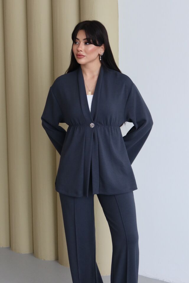 Balenbi Şal Yaka Büzgü Detaylı Rahat Kalıp Modal Kimono Tesettür Takım 1179 S - Füme