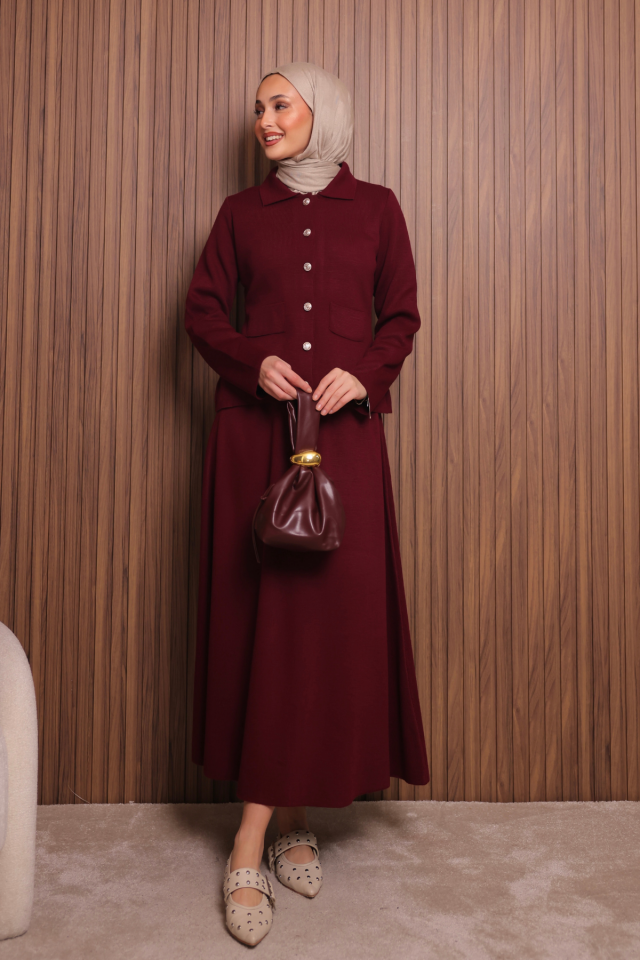 Balenbi Kadın Sık Örgü Polo Yaka Hırkalı Etekli Tesettür Triko Takım 1151 Standart - Bordo