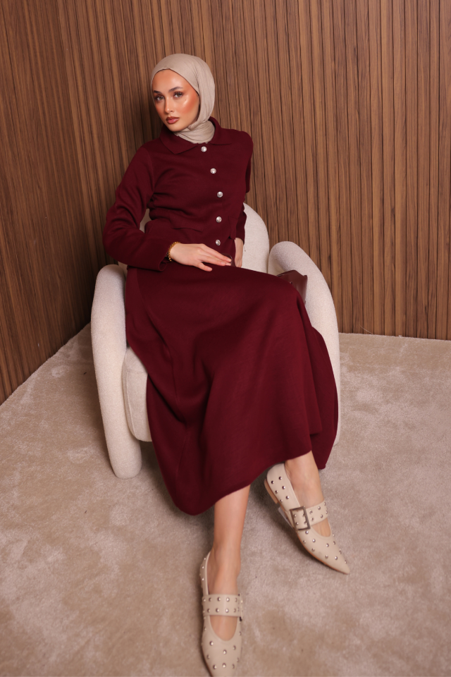 Balenbi Kadın Sık Örgü Polo Yaka Hırkalı Etekli Tesettür Triko Takım 1151 Standart - Bordo
