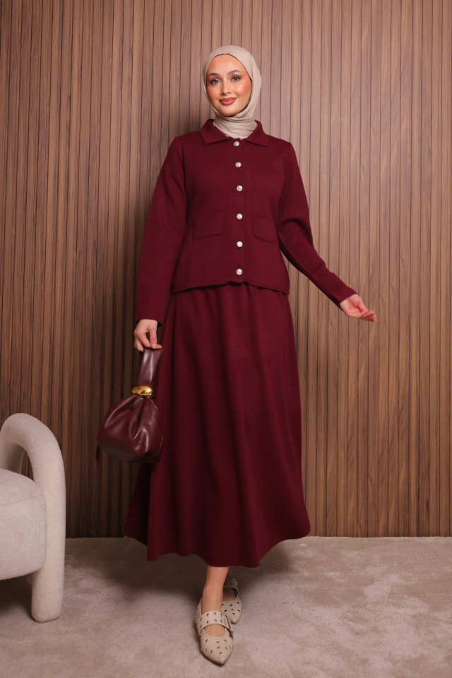 Balenbi Kadın Sık Örgü Polo Yaka Hırkalı Etekli Tesettür Triko Takım 1151 Bordo - Standart