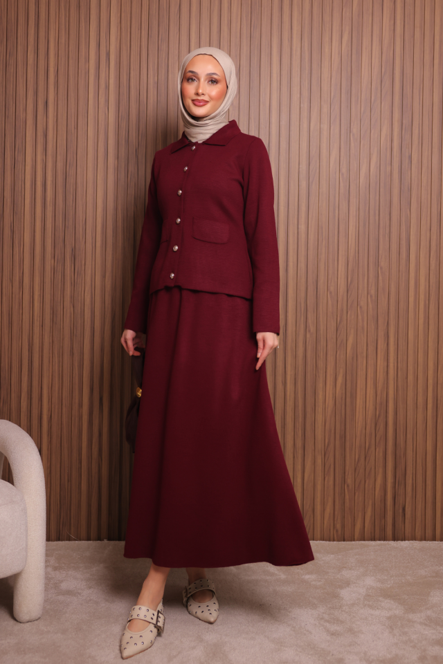 Balenbi Kadın Sık Örgü Polo Yaka Hırkalı Etekli Tesettür Triko Takım 1151 Standart - Bordo