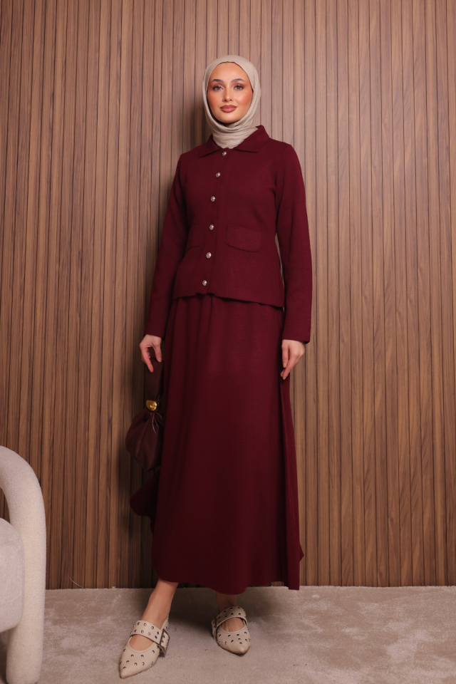 Balenbi Kadın Sık Örgü Polo Yaka Hırkalı Etekli Tesettür Triko Takım 1151 Standart - Bordo