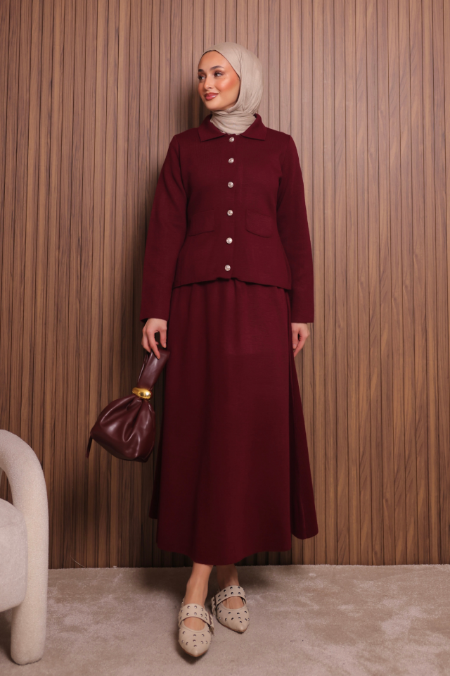 Balenbi Kadın Sık Örgü Polo Yaka Hırkalı Etekli Tesettür Triko Takım 1151 Standart - Bordo
