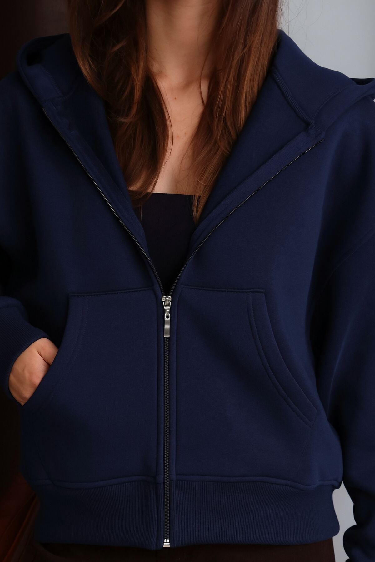 Balenbi Kadın 3 İplik İçi Polarlı Kapüşonlu Oversize Sweat Hırka 1110 S - Lacivert