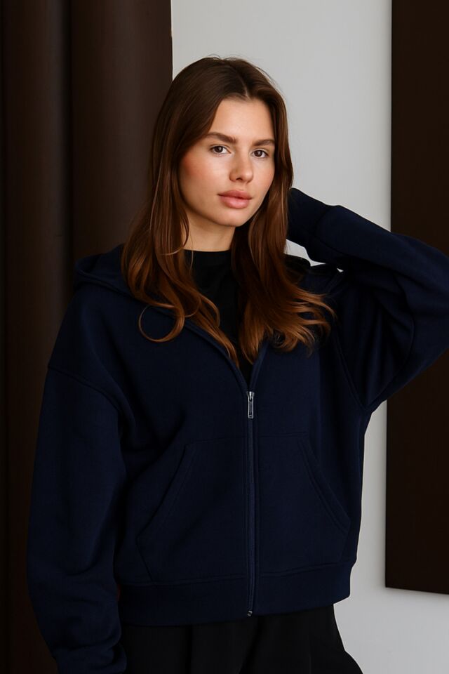 Balenbi Kadın 3 İplik İçi Polarlı Kapüşonlu Oversize Sweat Hırka 1110 S - Lacivert