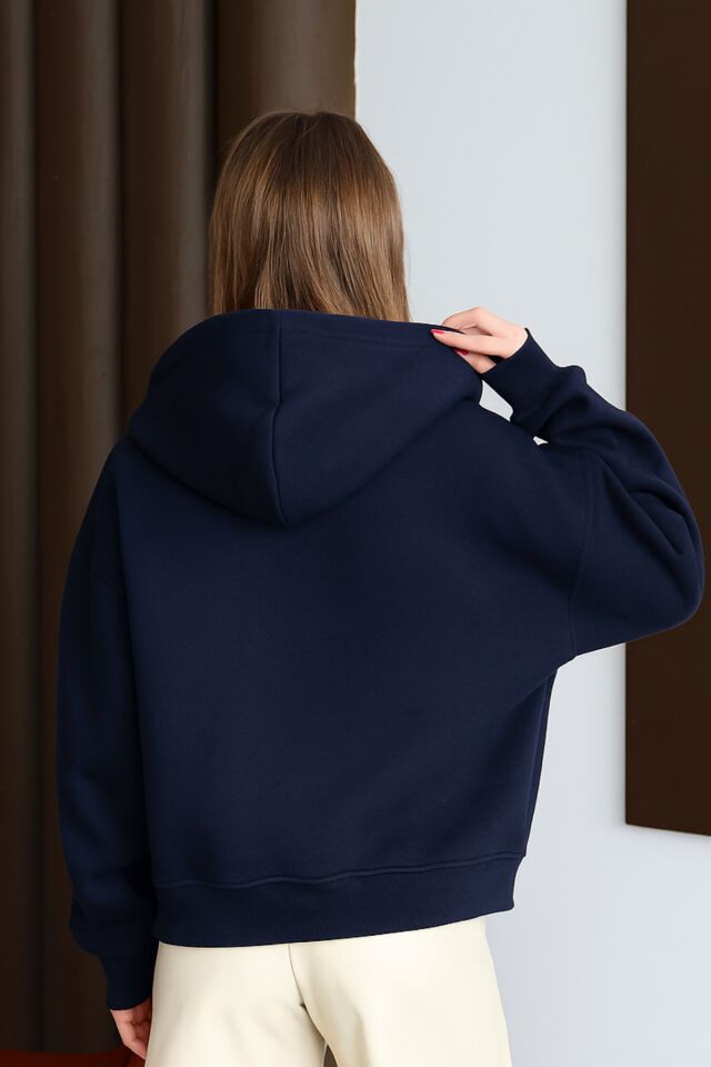 Balenbi Kadın 3 İplik İçi Polarlı Kapüşonlu Oversize Sweat Hırka 1110 S - Lacivert