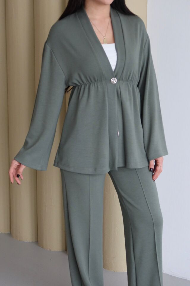 Balenbi Şal Yaka Büzgü Detaylı Rahat Kalıp Modal Kimono Tesettür Takım 1179 L - Haki