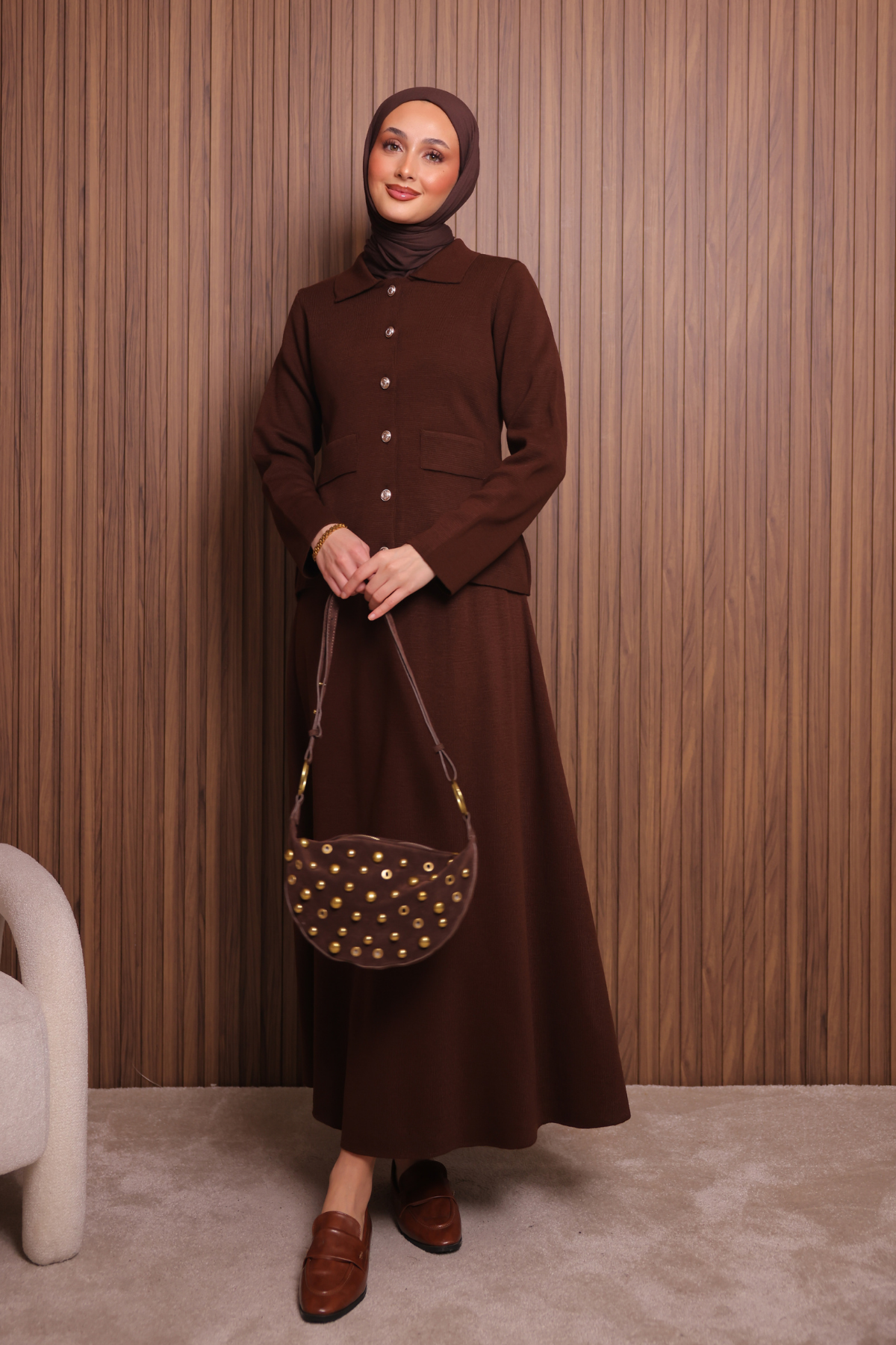 Balenbi Kadın Sık Örgü Polo Yaka Hırkalı Etekli Tesettür Triko Takım 1151 Standart - Kahverengi