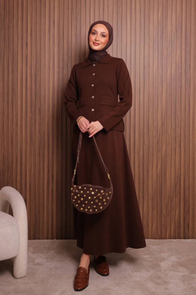 Balenbi Kadın Sık Örgü Polo Yaka Hırkalı Etekli Tesettür Triko Takım 1151 Kahverengi - Standart