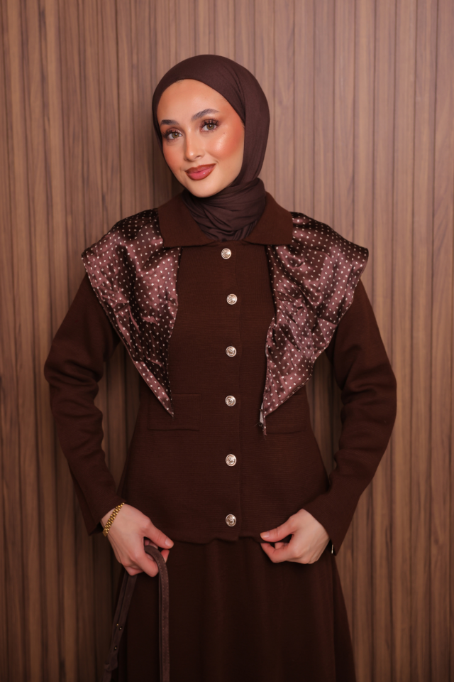 Balenbi Kadın Sık Örgü Polo Yaka Hırkalı Etekli Tesettür Triko Takım 1151 Kahverengi - Standart