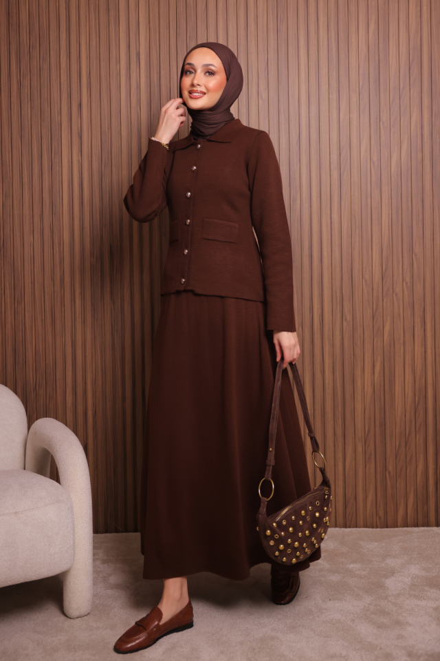 Balenbi Kadın Sık Örgü Polo Yaka Hırkalı Etekli Tesettür Triko Takım 1151 Standart - Kahverengi