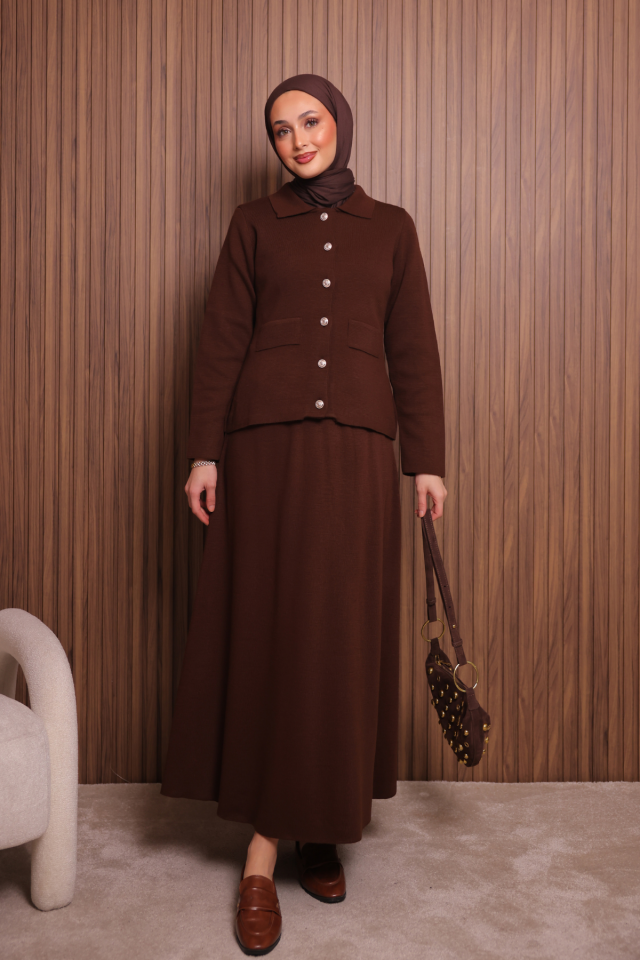 Balenbi Kadın Sık Örgü Polo Yaka Hırkalı Etekli Tesettür Triko Takım 1151 Standart - Kahverengi
