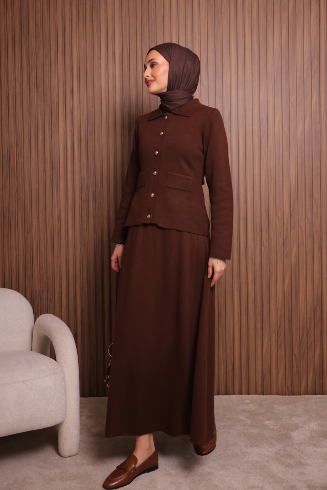 Balenbi Kadın Sık Örgü Polo Yaka Hırkalı Etekli Tesettür Triko Takım 1151 Standart - Kahverengi
